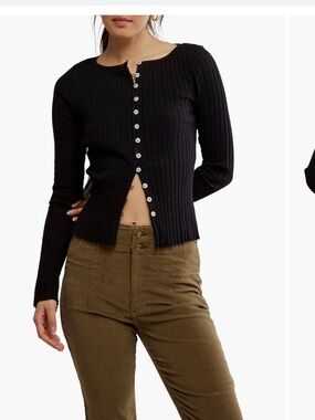 Free People Black Ribbed Button-Down Long Sleeve Top